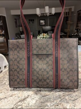 Coach Signature Canvas Large Tote in Brown with Maroon-Trim Straps
